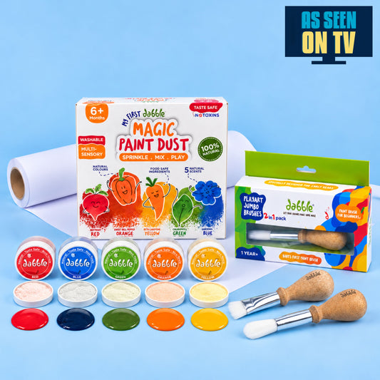 Magic Paint Dust + Jumbo Brush Combo Kit + PlayArt Roll – Baby’s First Painting Kit