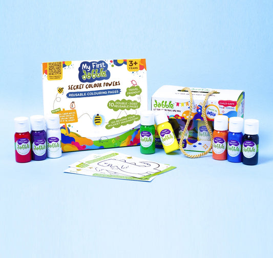 Dabble Reusable Colouring Pages + Mini Finger Paints Combo Kit